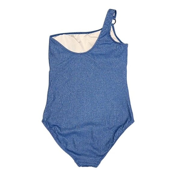 Shoshanna Sz 12 Swimsuit Ring One Shoulder One Piece Blue Silver Shimmer Preppy - Picture 5 of 7